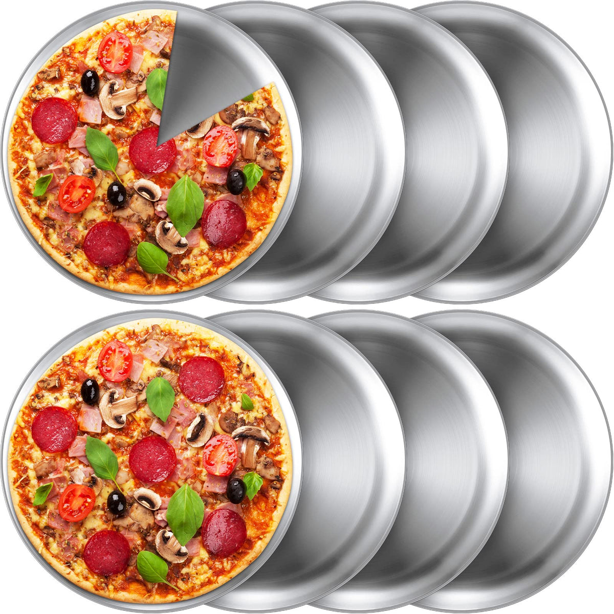 Thenshop 8-piece 12-inch pizza pan set stacked for family pizzas and oven prep