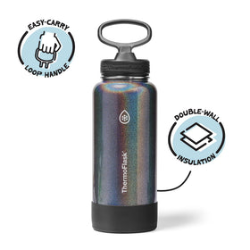 ThermoFlask Iron Night bottle fits car cupholders for on-the-go hydration.