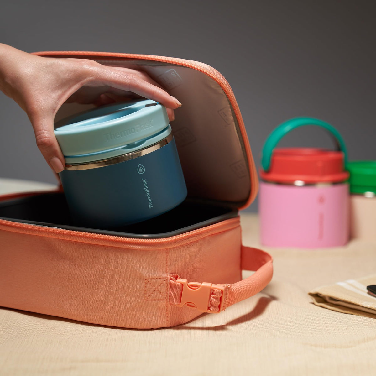 ThermoFlask Food Jar portable handle for easy carrying to school or work.