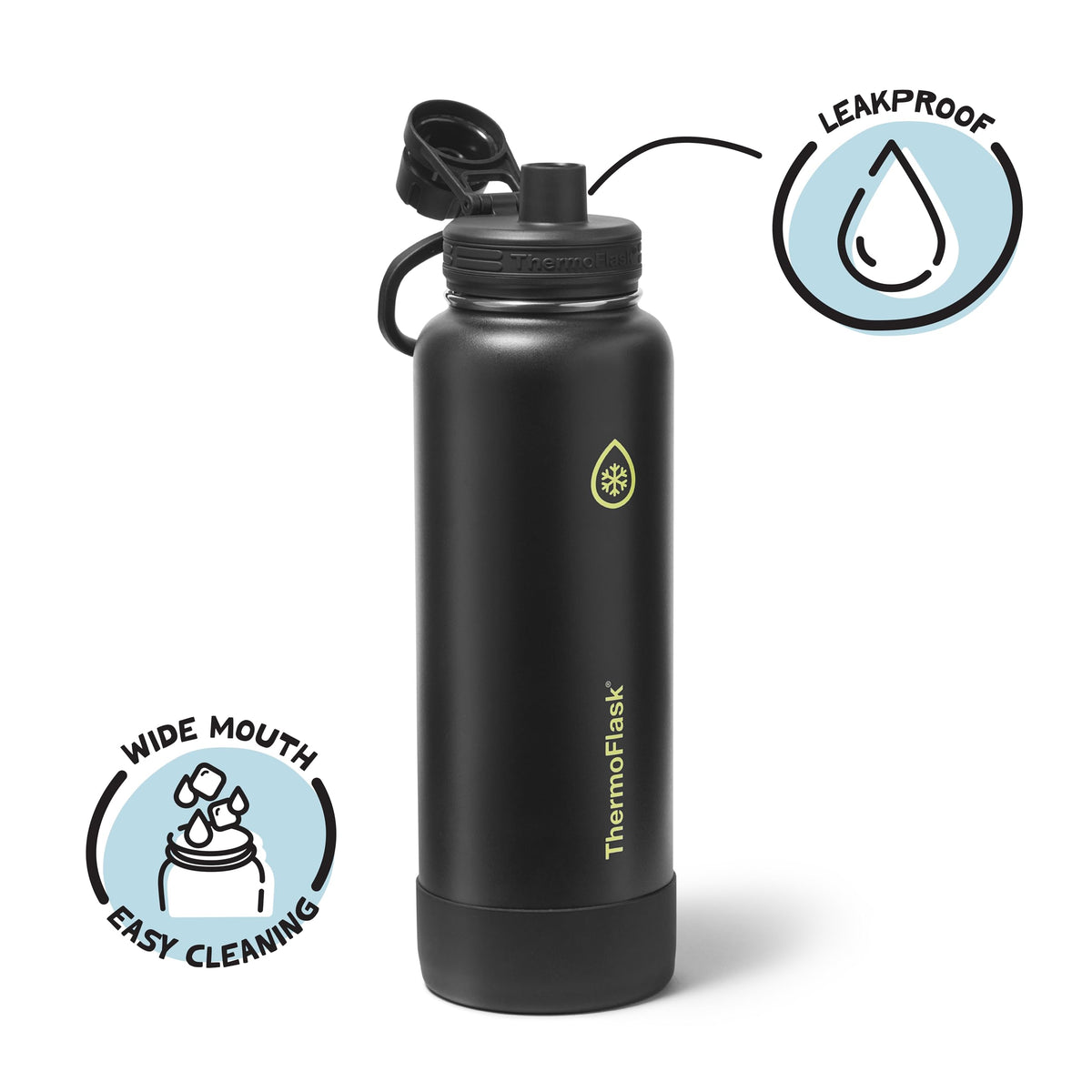 ThermoFlask Shadow Glow on desk highlighting comfortable grip and modern, durable design