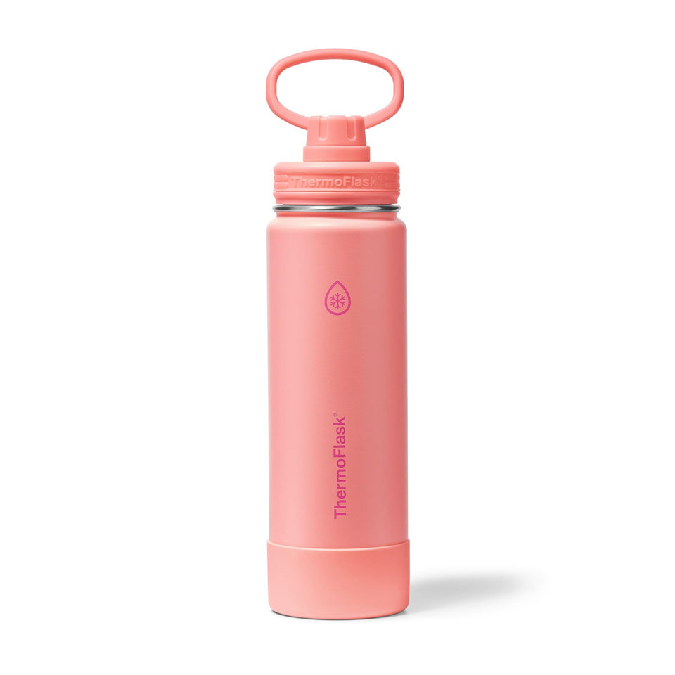 ThermoFlask bottle in Sunkissed Coral, front view, ideal for daily hydration on the go.