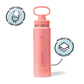 ThermoFlask spout lid in action enables spill-free one-handed sipping.