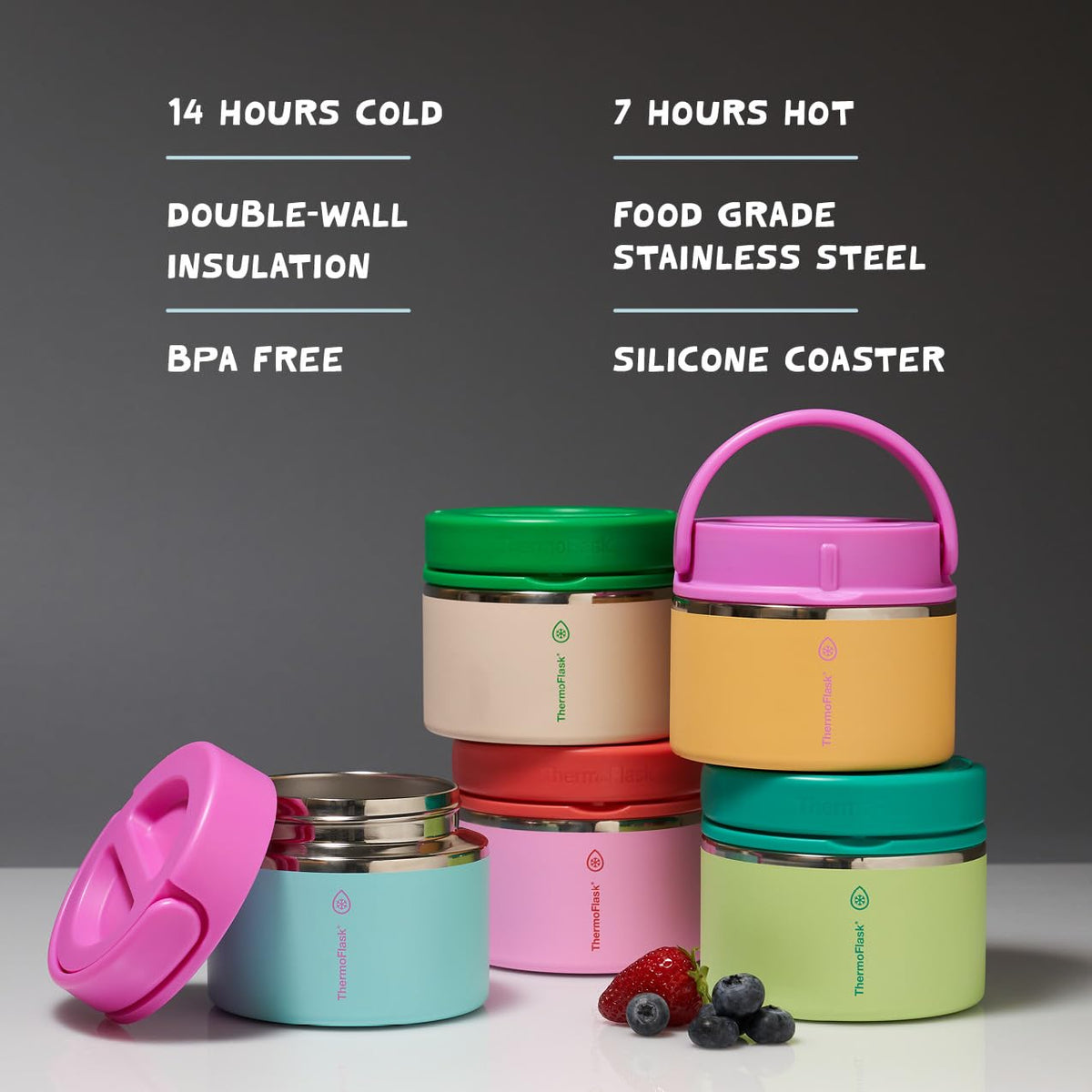 Two-pack ThermoFlask design provides versatile meal containers for daily adventures.