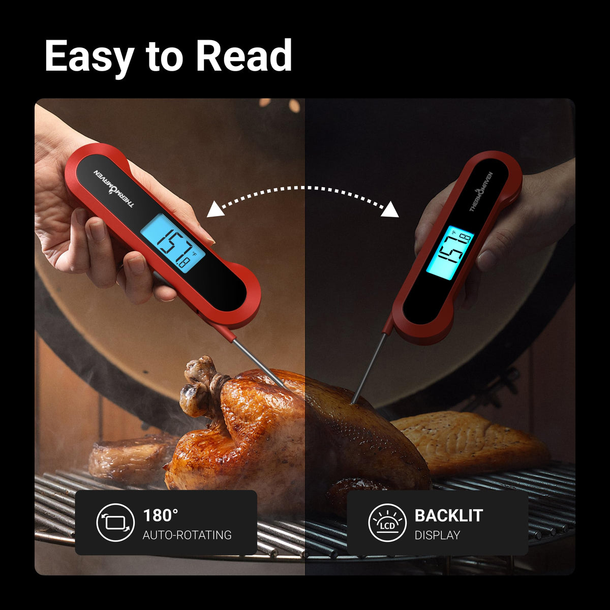 ThermoMaven auto-rotate LCD display stays readable from any angle.