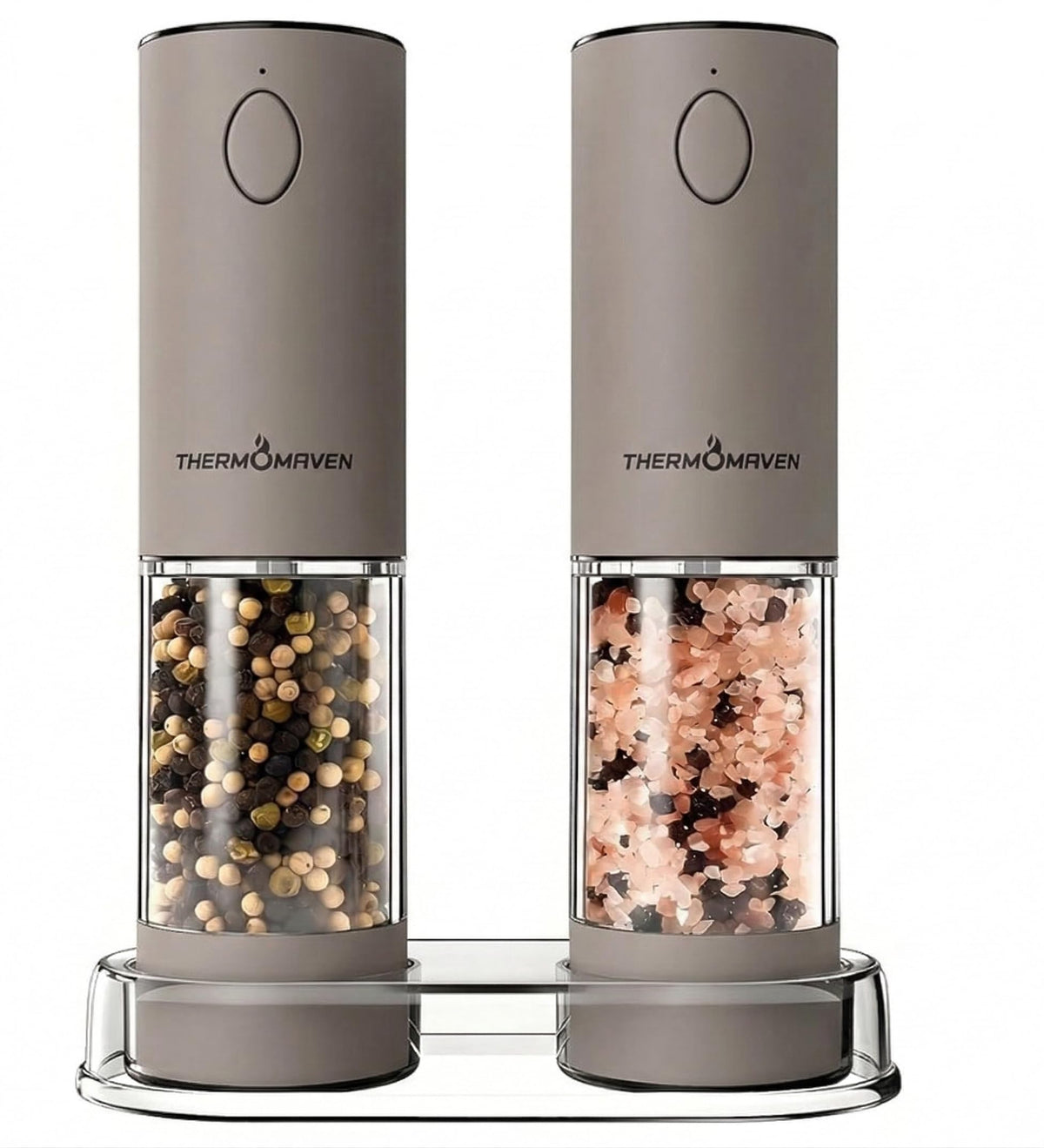ThermoMaven electric grinder set in greige with LED for precise seasoning.
