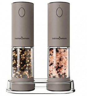 ThermoMaven electric grinder set in greige with LED for precise seasoning.