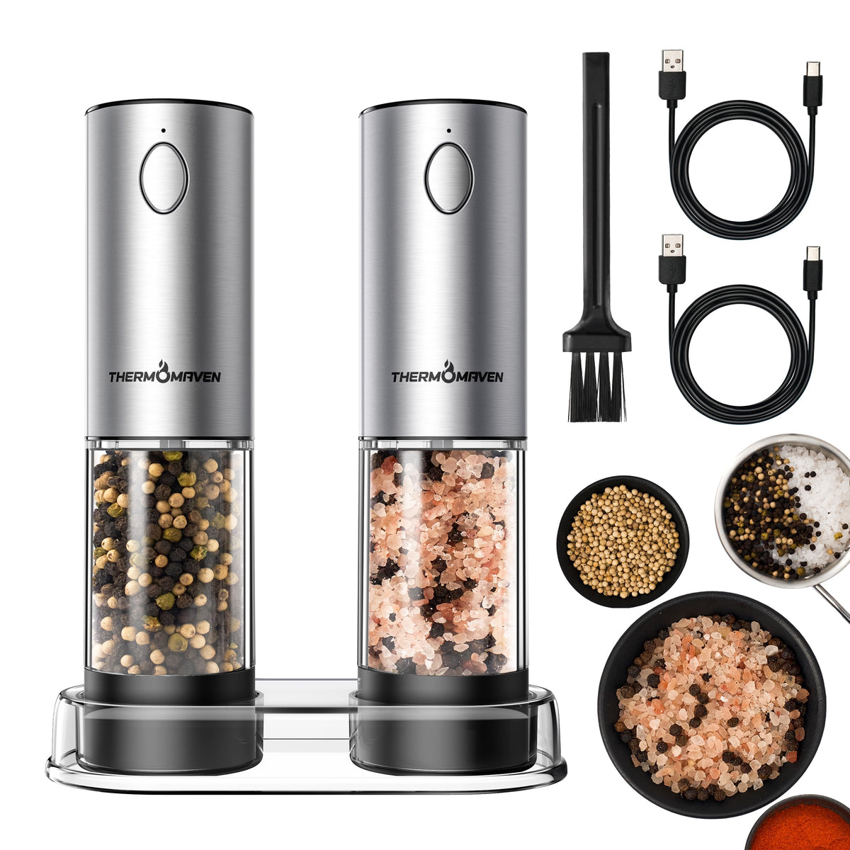 ThermoMaven electric salt and pepper grinders on table for easy everyday seasoning.