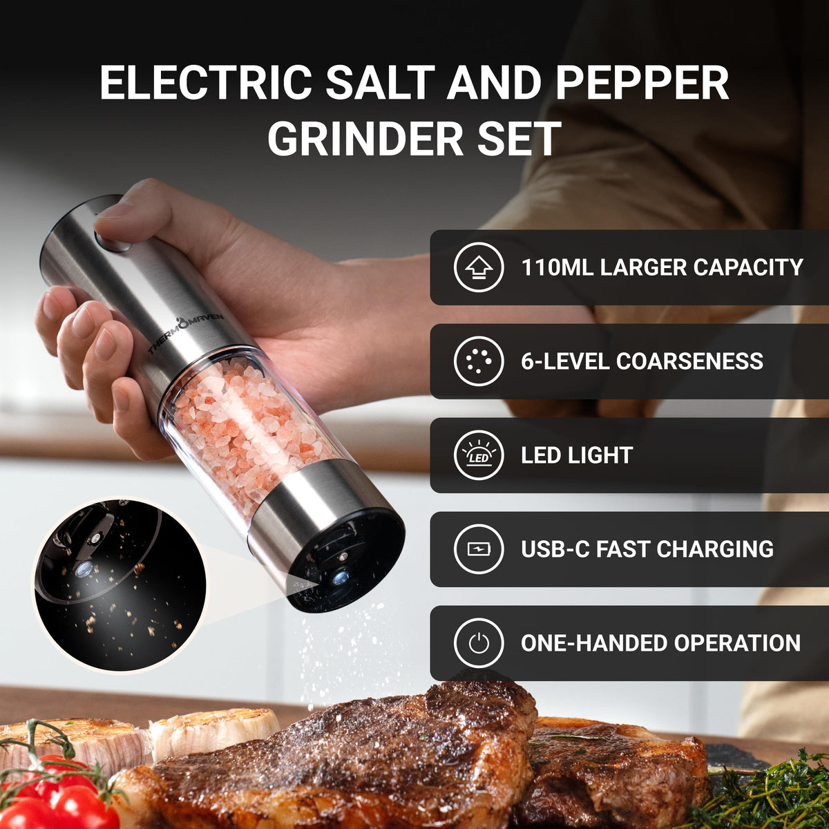 ThermoMaven grinder illuminated by LED light for precise seasoning.