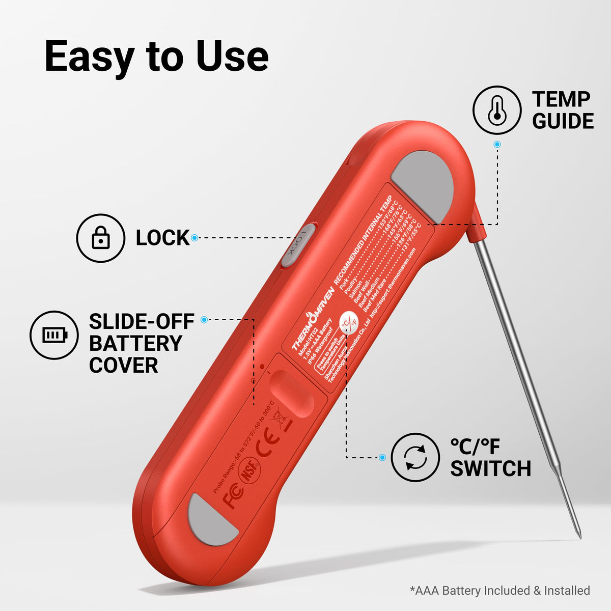 ThermoMaven lock button holds readings for easy reference.