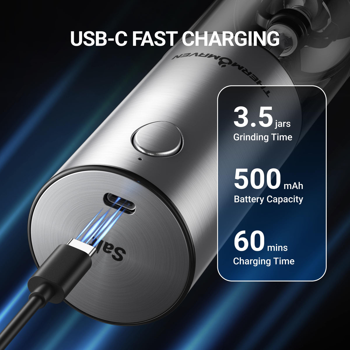 ThermoMaven stainless steel body for durable kitchen use.