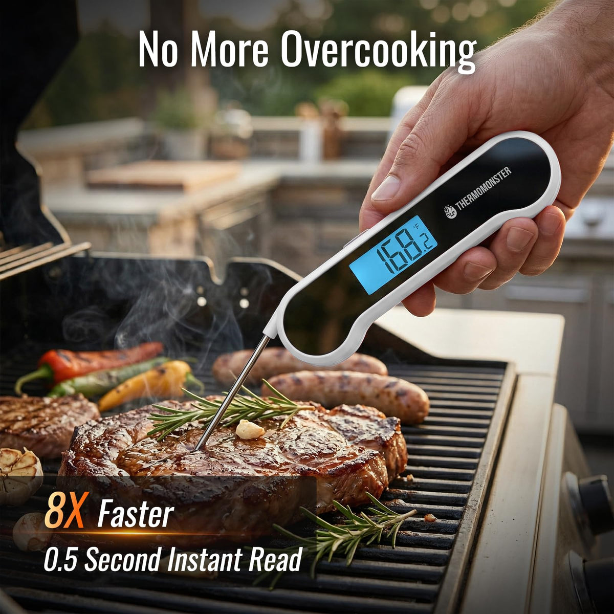 ThermoMonster auto flip display lets you read measurements in any lighting.