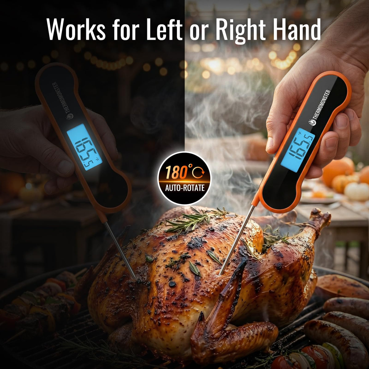 ThermoMonster auto flip LCD display reads clearly for both hands