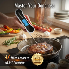 ThermoMonster four-inch probe measuring away from heat for safety.