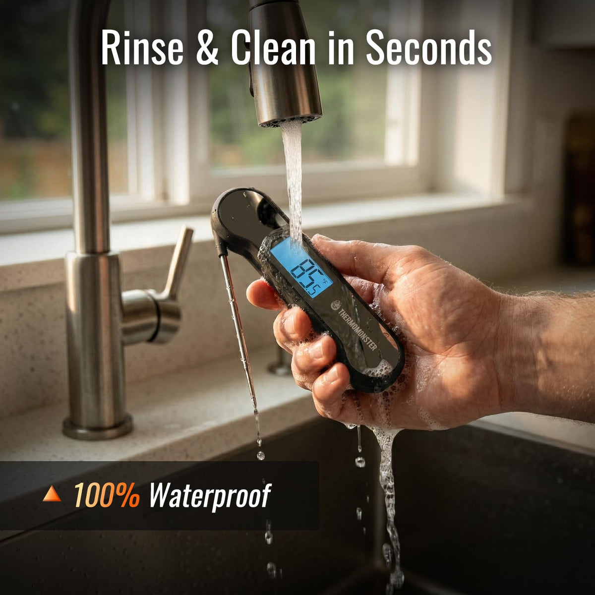 ThermoMonster motion-sensing wake for quick temperature checks.