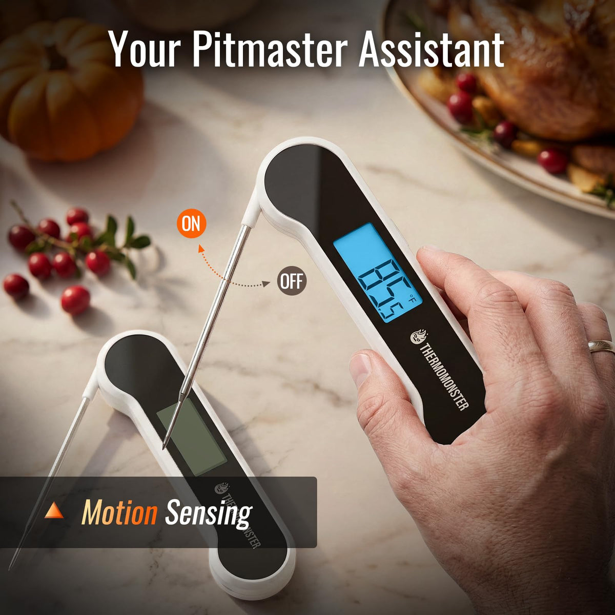 ThermoMonster motion wake activates instantly when picked up.