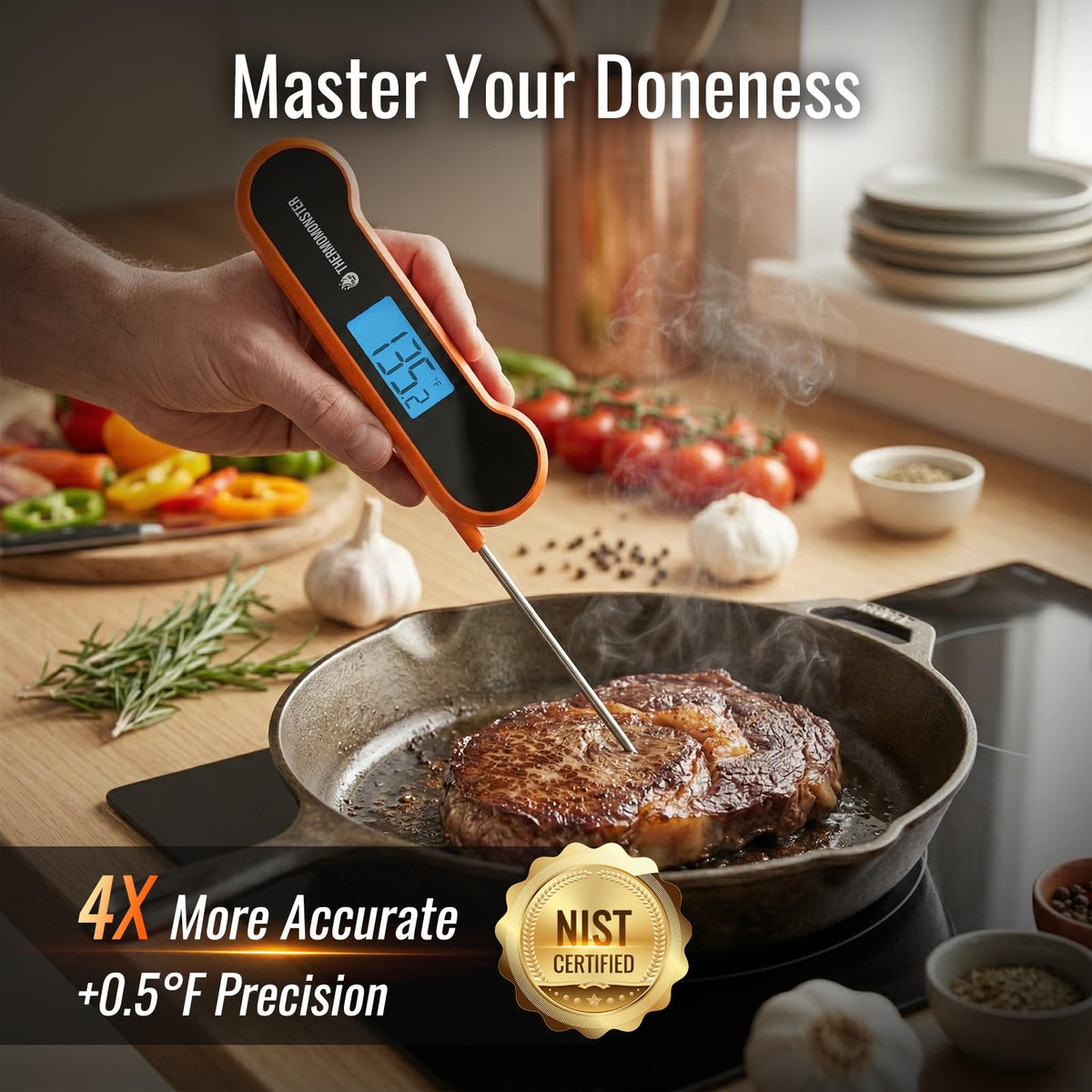 ThermoMonster temperature lock keeps the reading steady for easy transfer