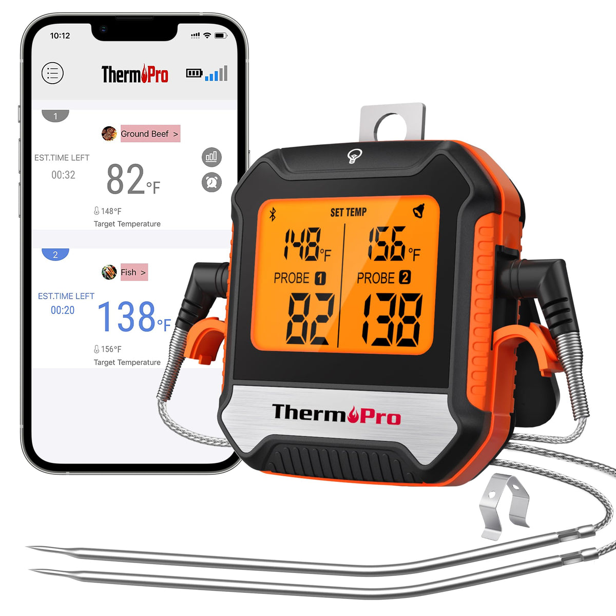ThermoPro 450ft Bluetooth range enables flexible remote monitoring during backyard grilling.
