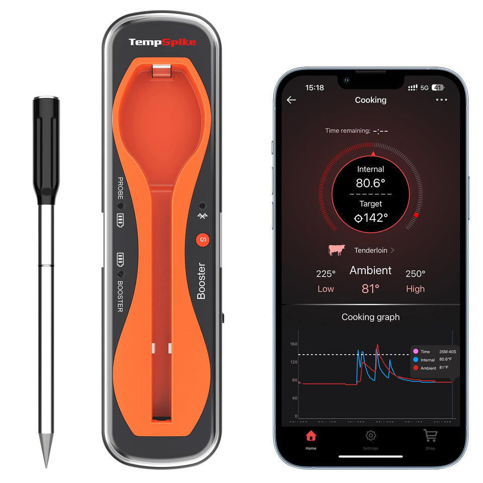 ThermoPro TempSpike shows 500 ft wireless range for grilling and monitoring.