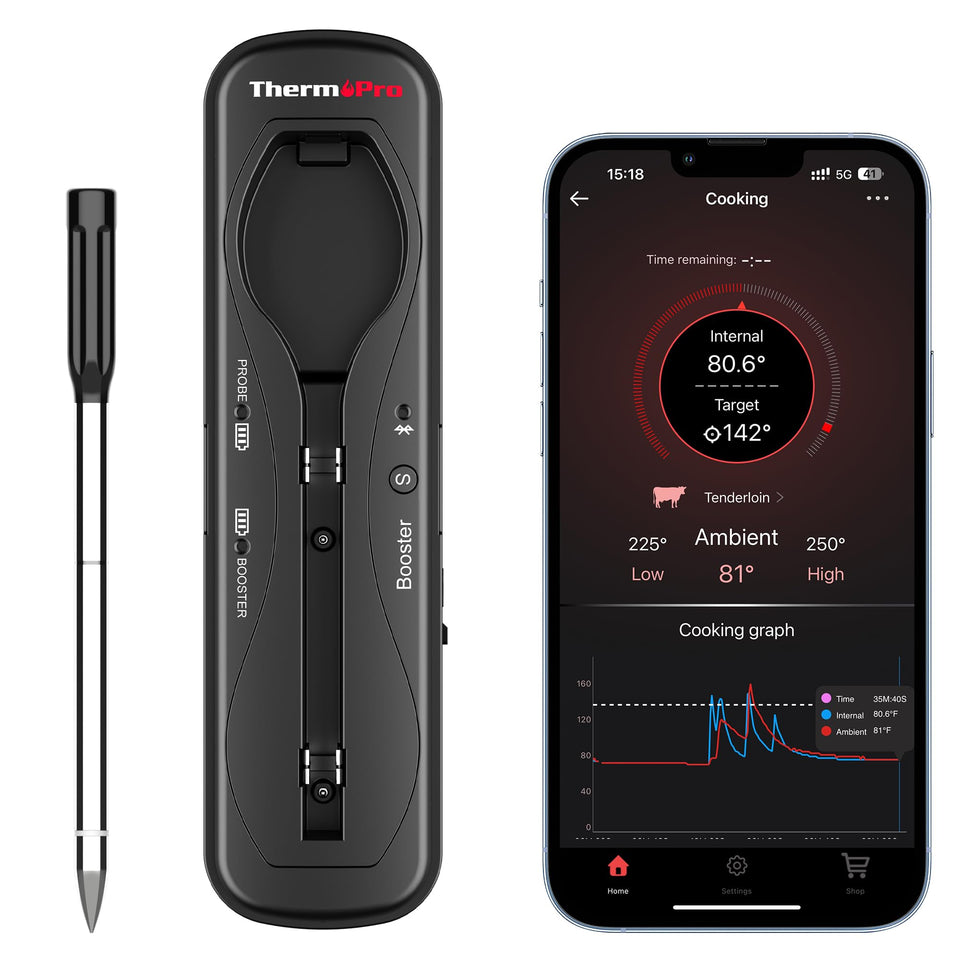 ThermoPro upgraded meat probe in use for precise high-heat cooking