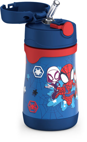 THERMOS 10-ounce capacity label on compact bottle for backpacks