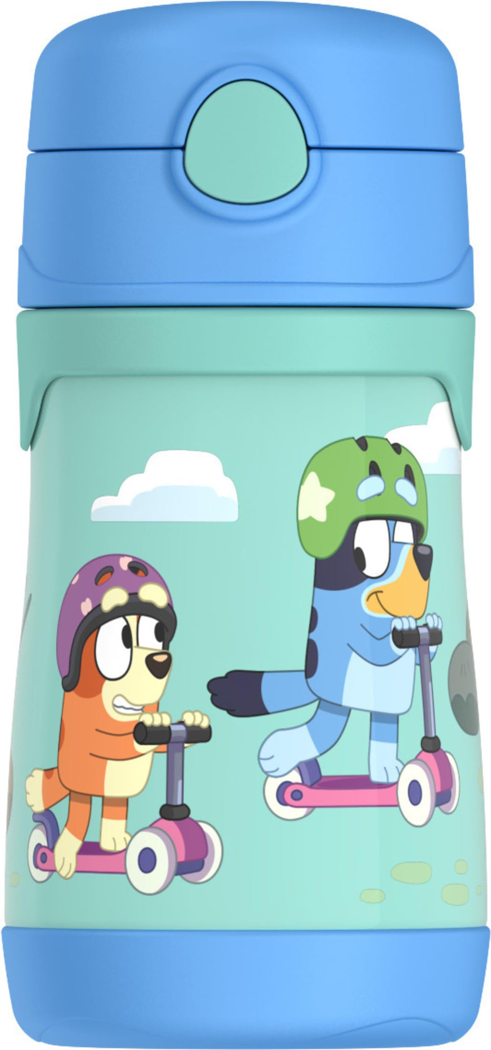 THERMOS Baby 10oz bottle with bluey cap keeps drinks cold on the go.