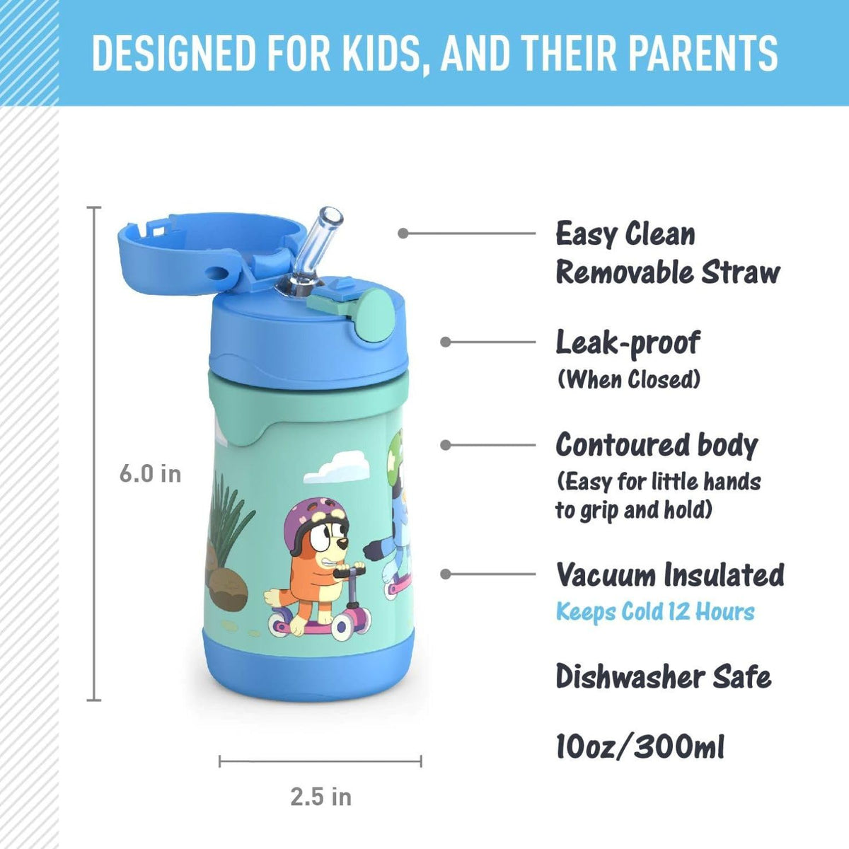THERMOS Baby bluey push-button lid enables easy drinking for kids.