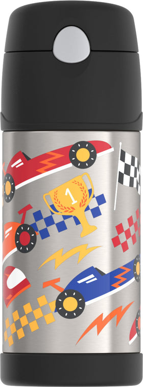 THERMOS FUNtainer hot rods bottle displaying 12 oz capacity and kid-friendly design.