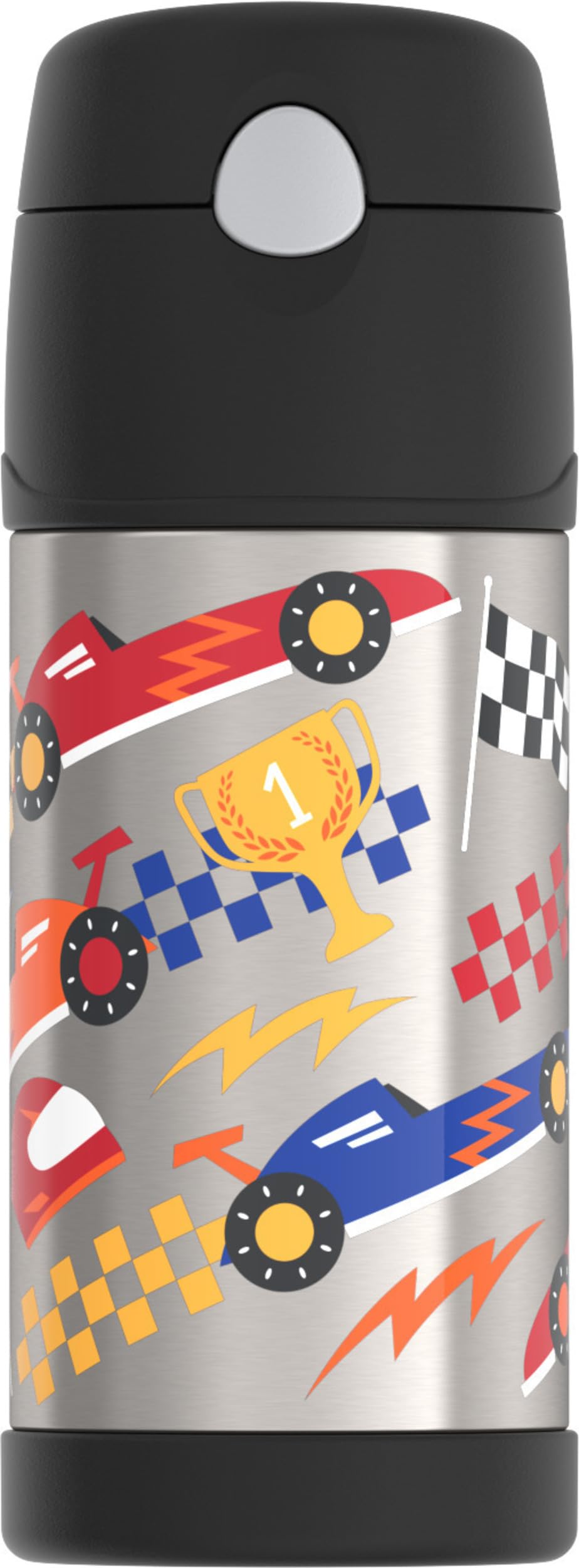 THERMOS FUNtainer hot rods bottle displaying 12 oz capacity and kid-friendly design.