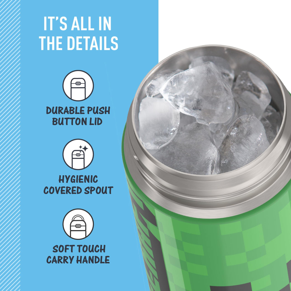 THERMOS FUNTAINER Minecraft bottle handle with soft touch grip for kids on the go.