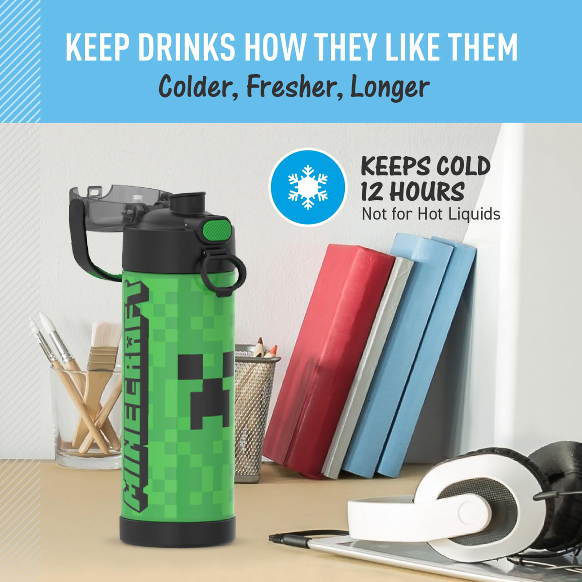 THERMOS FUNTAINER Minecraft bottle hygienic covered spout keeps germs at bay during meals.