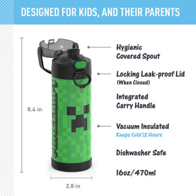 THERMOS FUNTAINER Minecraft bottle with wide spout lid for easy sipping and reduced spills.