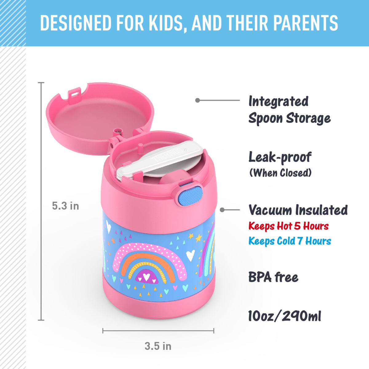 THERMOS FUNtainer 10oz foldable spoon lid shows a handy utensil on the go