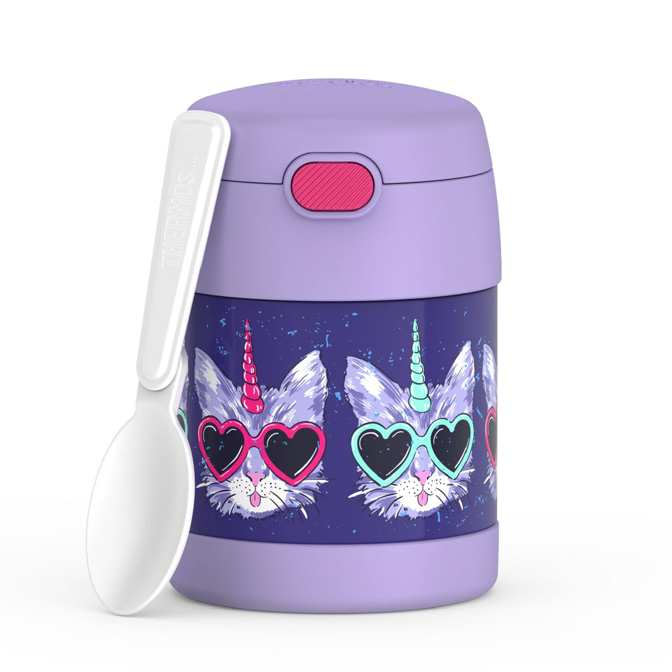 THERMOS FUNTAINER 10oz with kid-friendly lid keeps meals ready for lunchtime on the go.