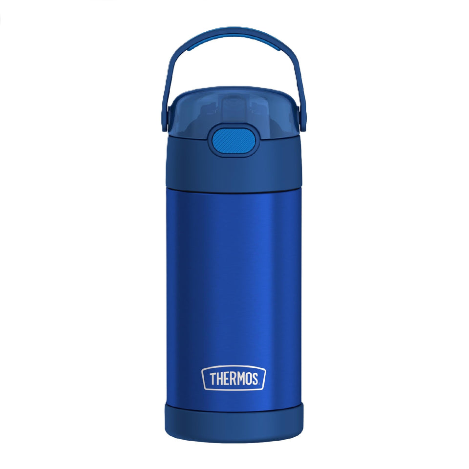 THERMOS FUNTAINER 12oz blue bottle with durable stainless steel for everyday kid use.