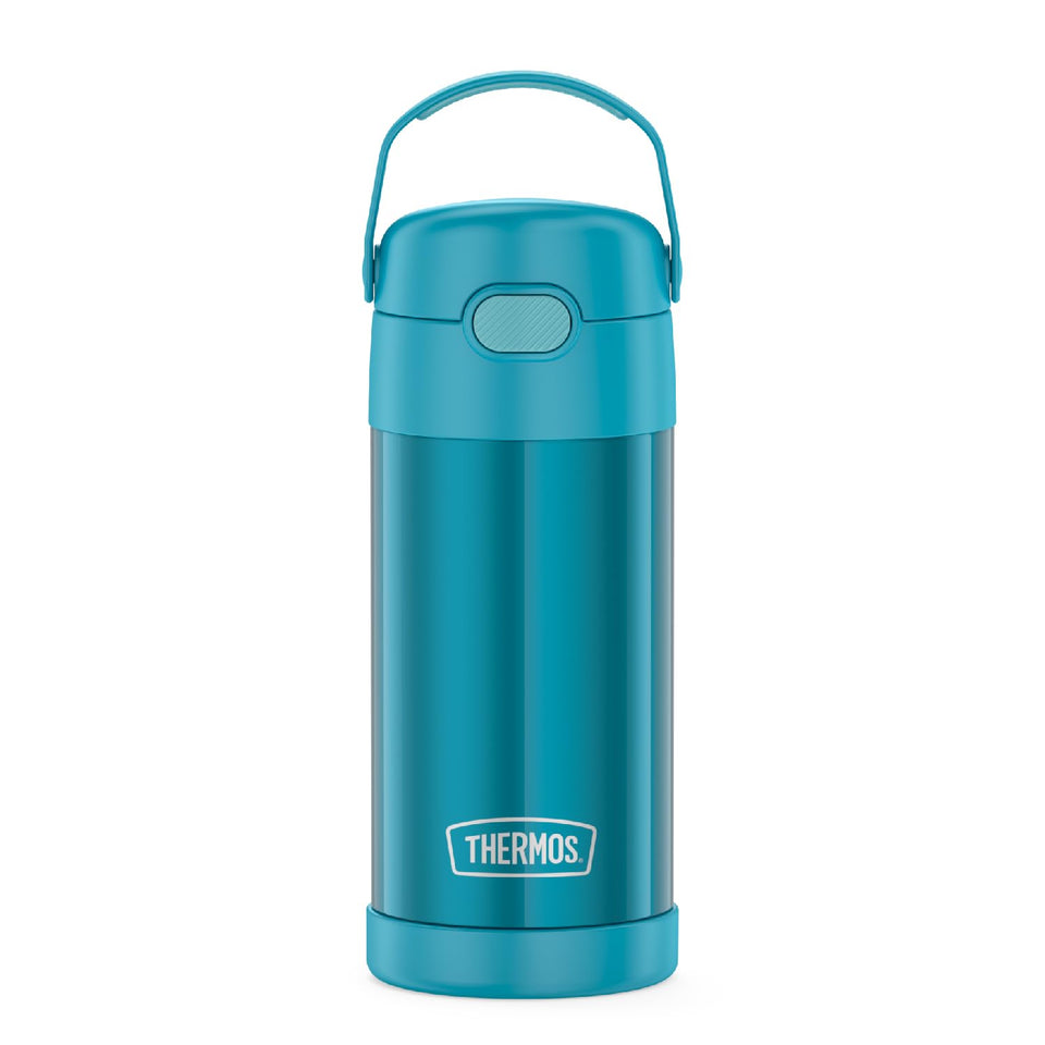 THERMOS FUNTAINER 12oz bottle shown with a cold beverage for school