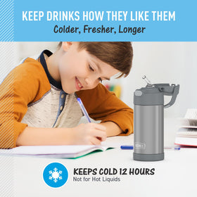 Thermos FUNtainer 12oz bottle, dishwasher-safe, easy cleaning after meals and activities.