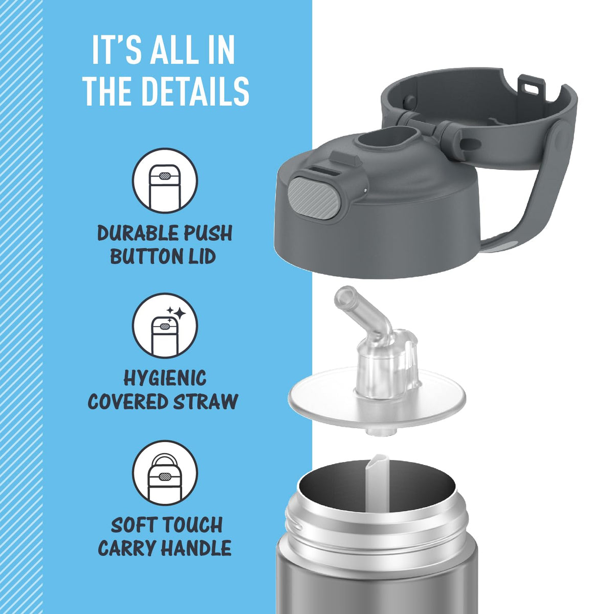 Thermos FUNtainer 12oz bottle, durable stainless steel, withstands daily use and drops.