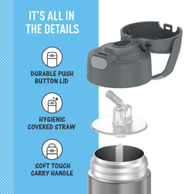 Thermos FUNtainer 12oz bottle, durable stainless steel, withstands daily use and drops.