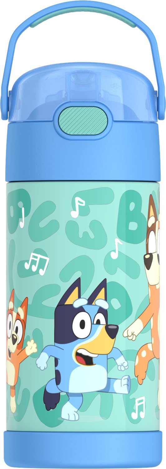 THERMOS Funtainer 12oz bottle front view in blue, ideal for school days.
