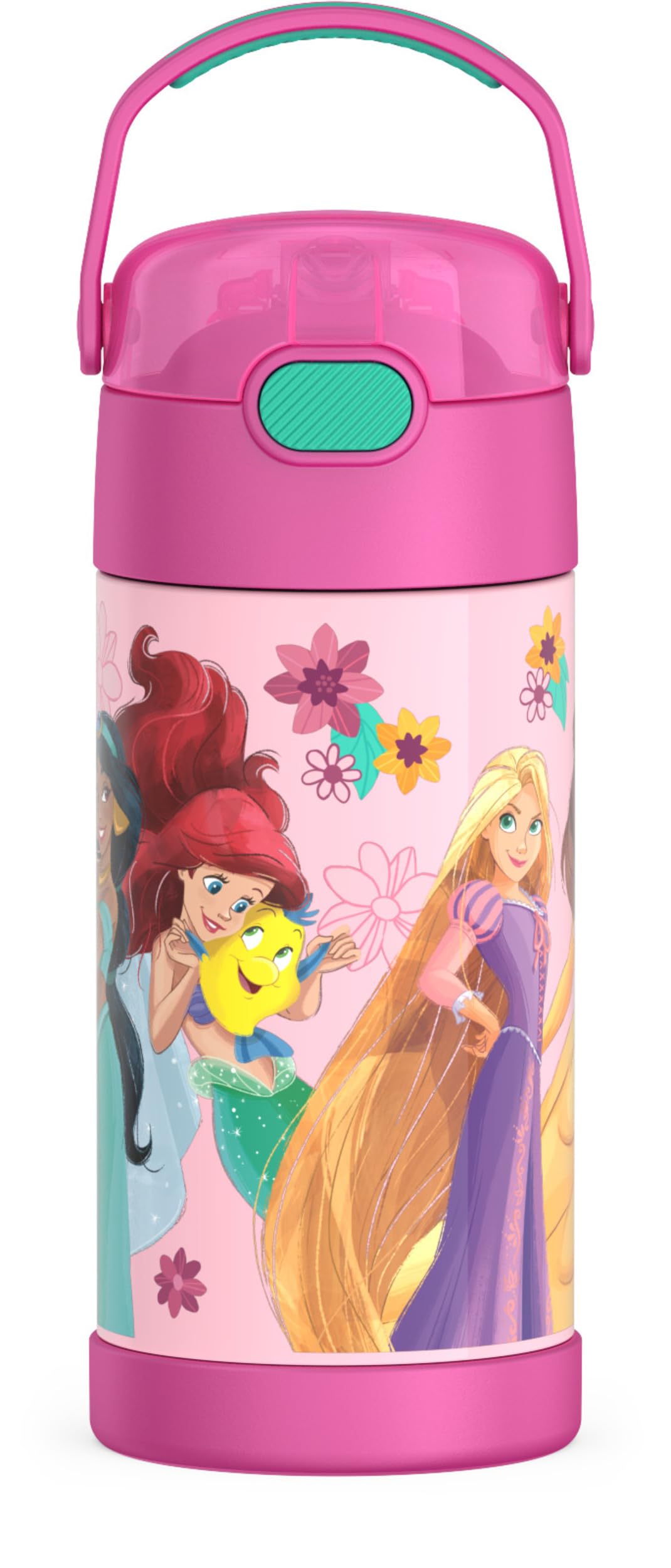 THERMOS FunTainer 12oz bottle front view with princess pattern promotes easy hydration for kids.