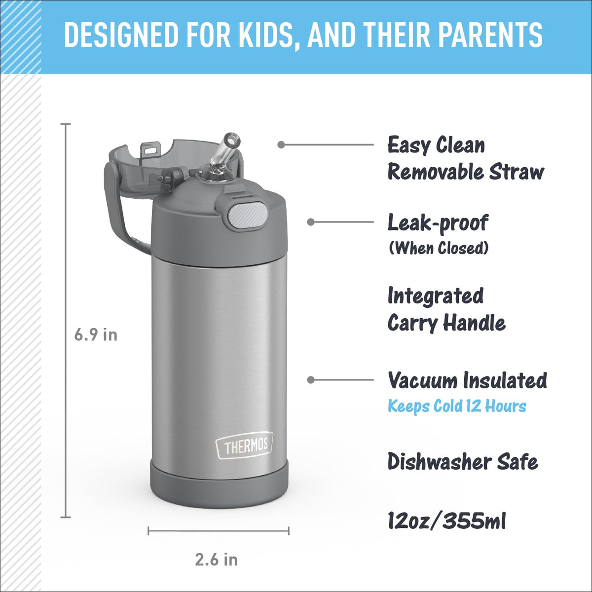 Thermos FUNtainer 12oz bottle, lid and straw, convenient sip for school and play.