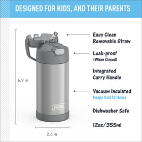 Thermos FUNtainer 12oz bottle, lid and straw, convenient sip for school and play.