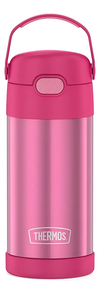 THERMOS FUNTAINER 12oz pink bottle side view, keeps drinks cold for school days