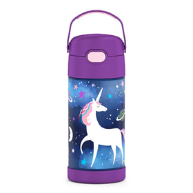 THERMOS FUNTAINER 12oz bottle with space-unicorn-lid keeps drinks cold for hours.