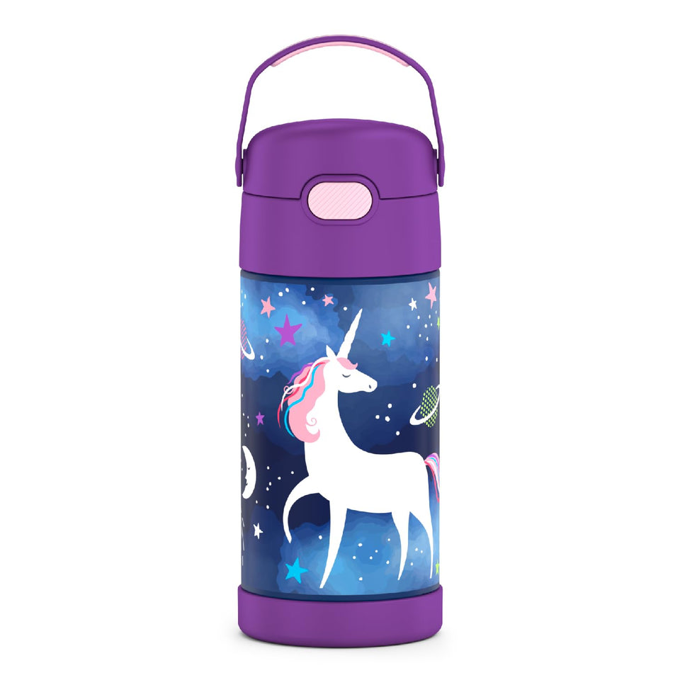 THERMOS FUNTAINER 12oz bottle with space-unicorn-lid keeps drinks cold for hours.