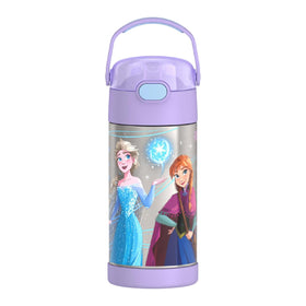 THERMOS FUNtainer 12oz bottle with straw keeps drinks cold for hours, ideal for school use.