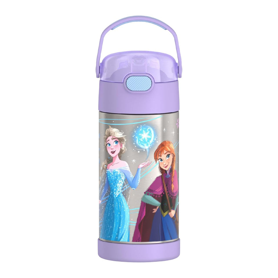 THERMOS FUNtainer 12oz bottle with straw keeps drinks cold for hours, ideal for school use.