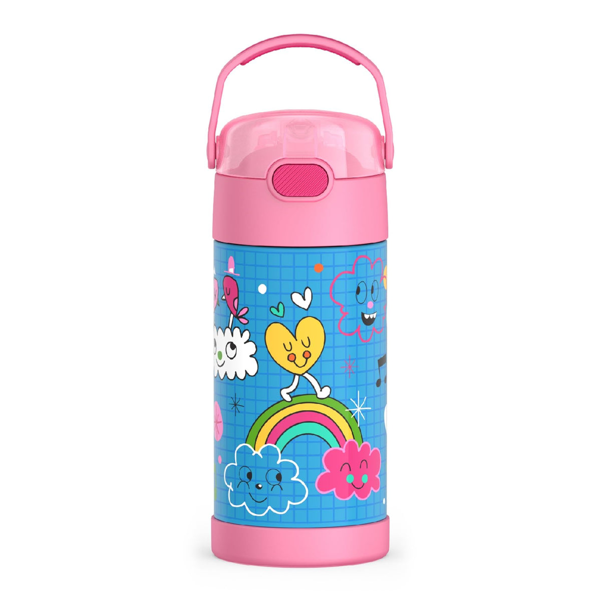 THERMOS FUNTAINER 12oz bottle with straw keeps drinks cold for hours.