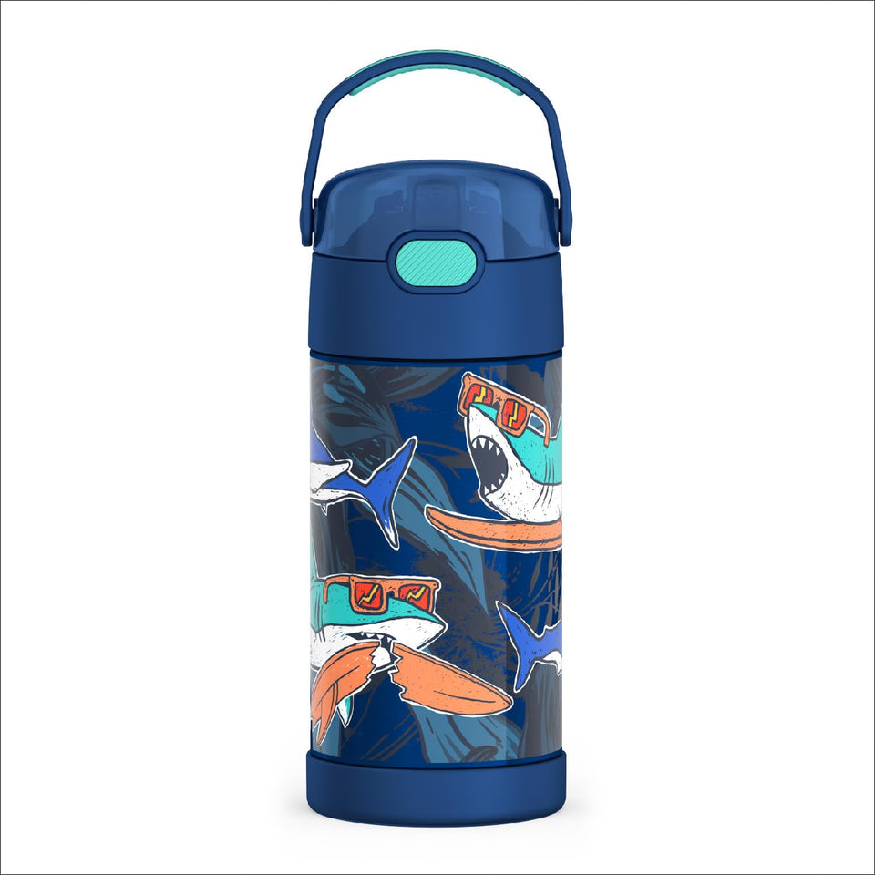 THERMOS FUNtainer shark bottle front view showing the straw for kids
