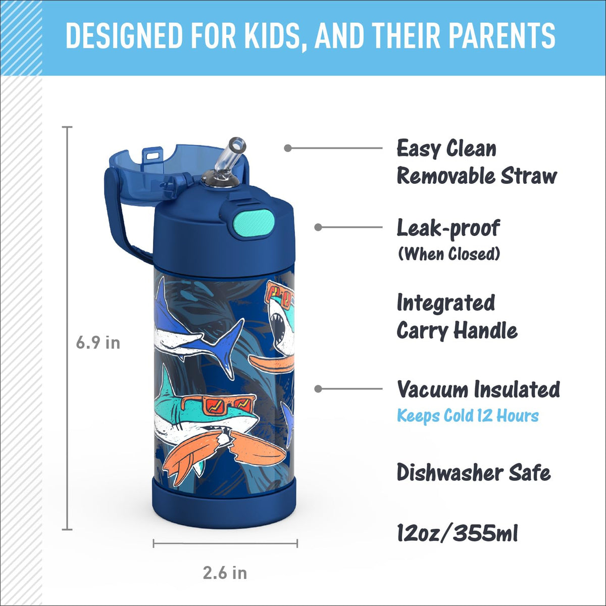 THERMOS FUNtainer shark bottle side view with handle for school